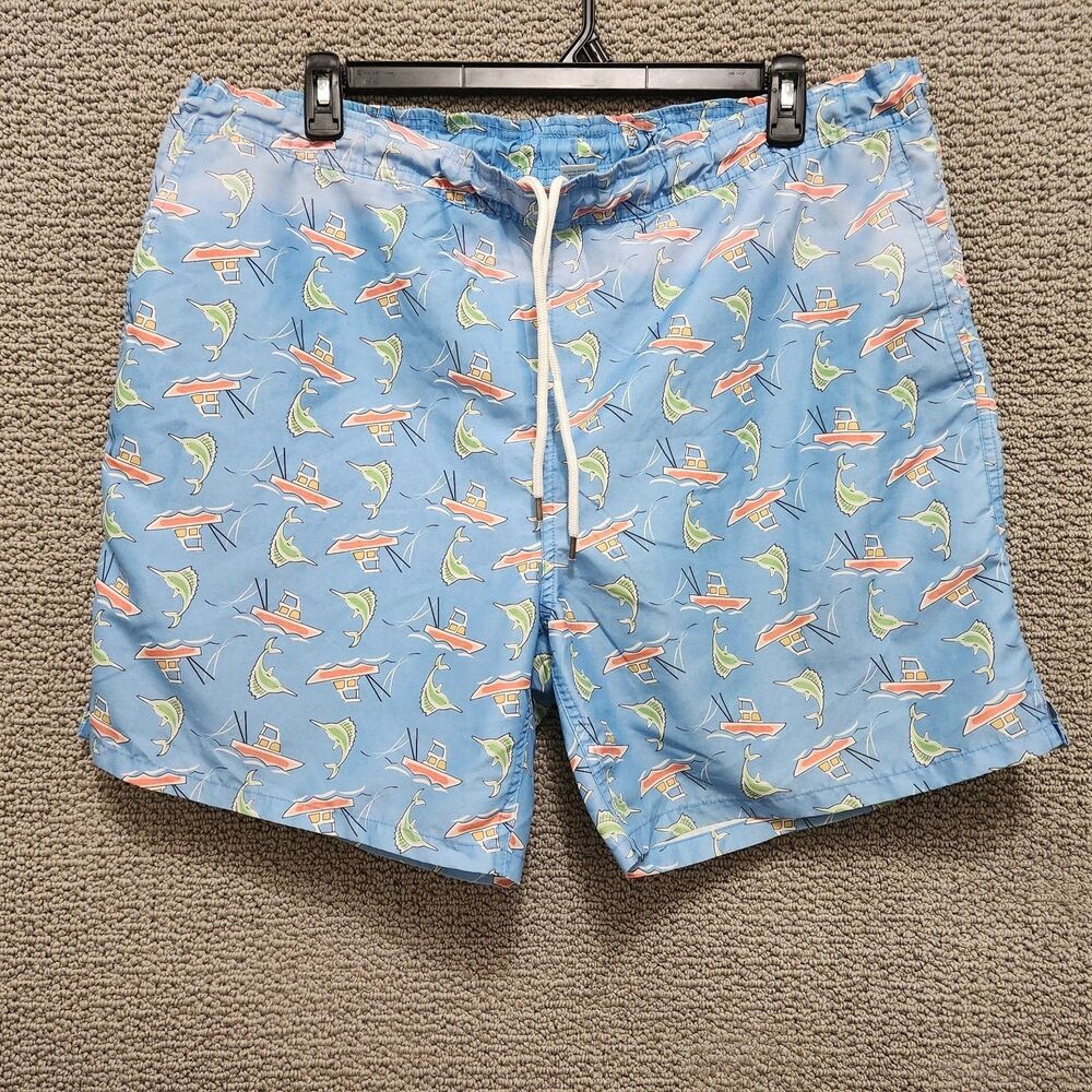 SERO Men's Blue Fishing Boat Marlin Print Swim Trunks Board Shorts Size XL